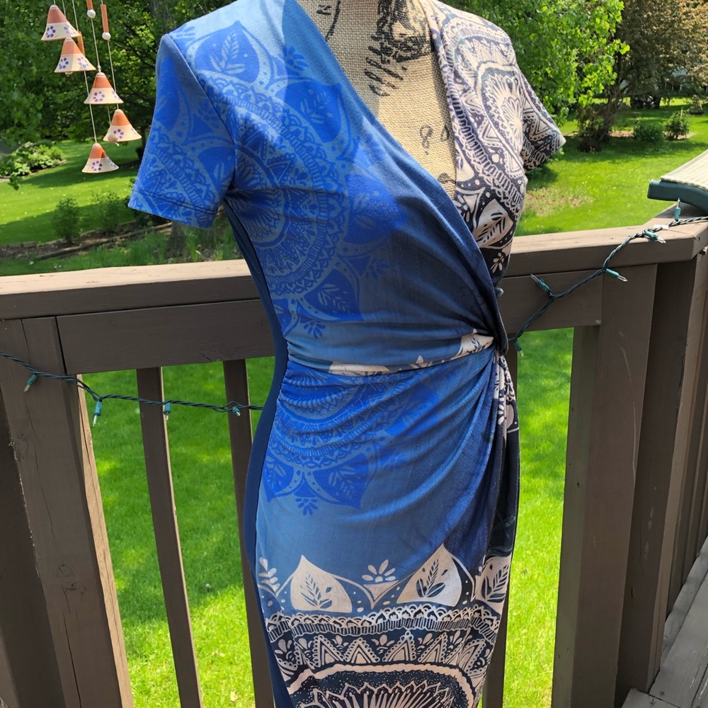 Desigual Blue and Tan Faux Wrap Dress - Picture 2 of 8